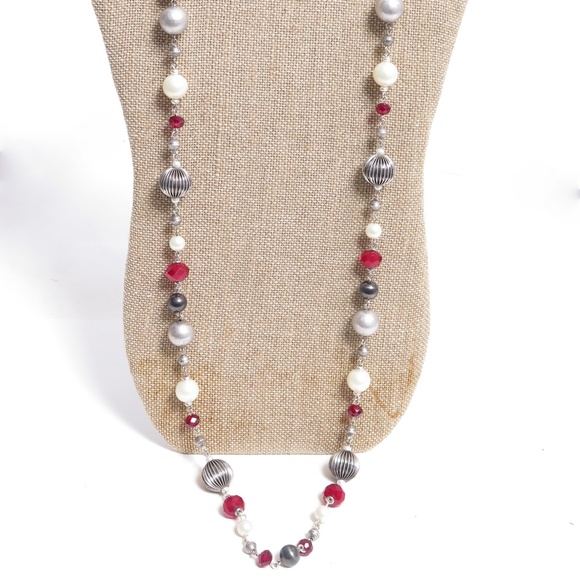 Unbranded Jewelry - PREMIER DESIGNS RED CRYSTAL FAUX PEARL LONG STATION NECKLACE SILVER TONE 40IN